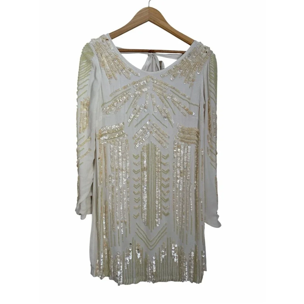 FREE PEOPLE LIMITED EDITION Ivory Art Deco Embellished Mini Dress Sequin Rare